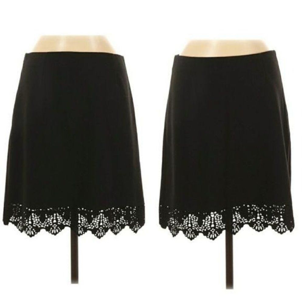 Shelli Segal Faux Suede A-line Scalloped Laser Lace Cutout Mini Skirt Black Sz 6